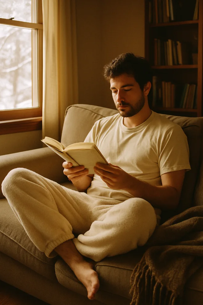 Hero: someone on a couch in bearpants, morning light